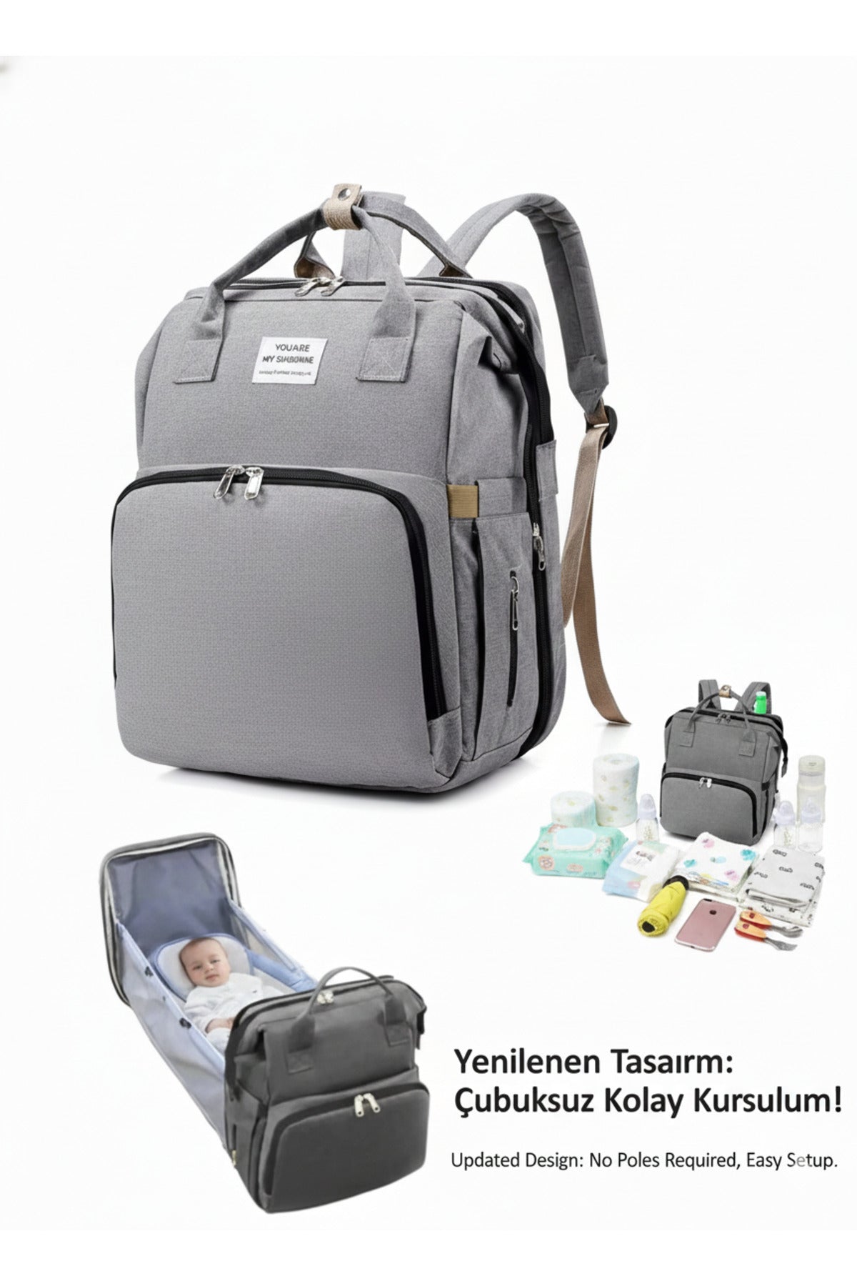 Yataklı Anne Bebek Bakım Çantası Yataklı, Su Geçirmez, Termal Cepli,bebek Arabası Askılı